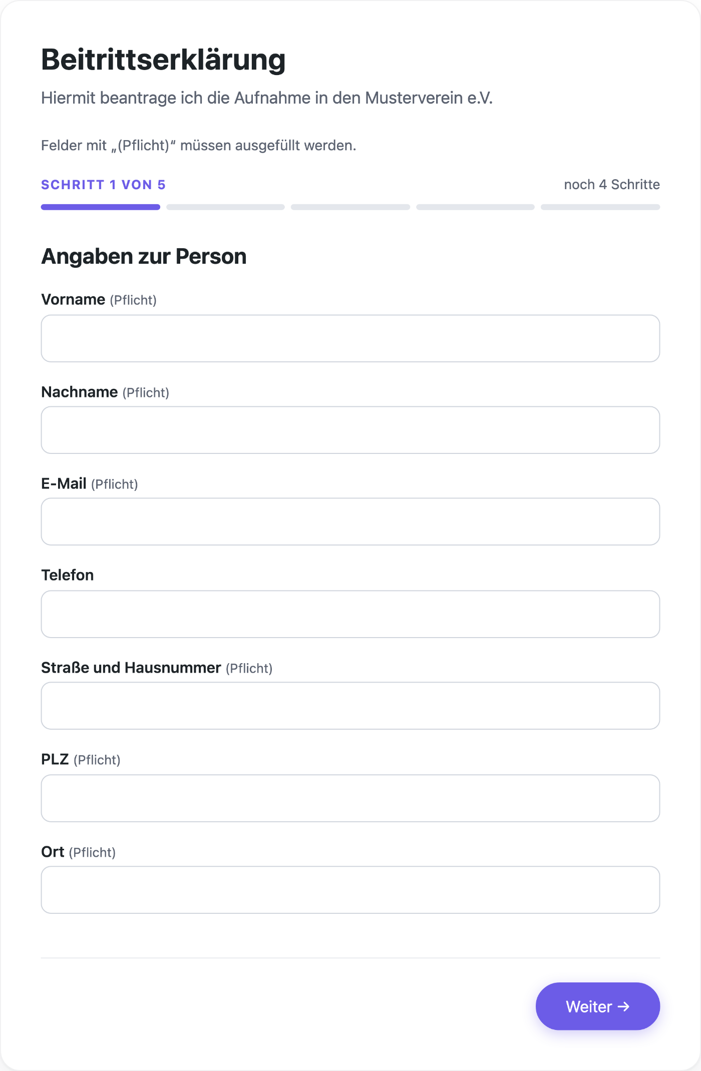 Erster Schritt des Mitgliedsantrags mit Fortschrittsanzeige