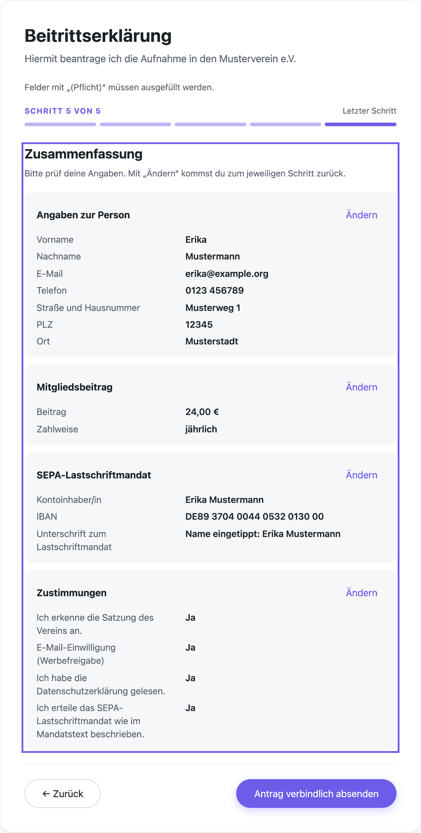 Zusammenfassung vor dem Absenden