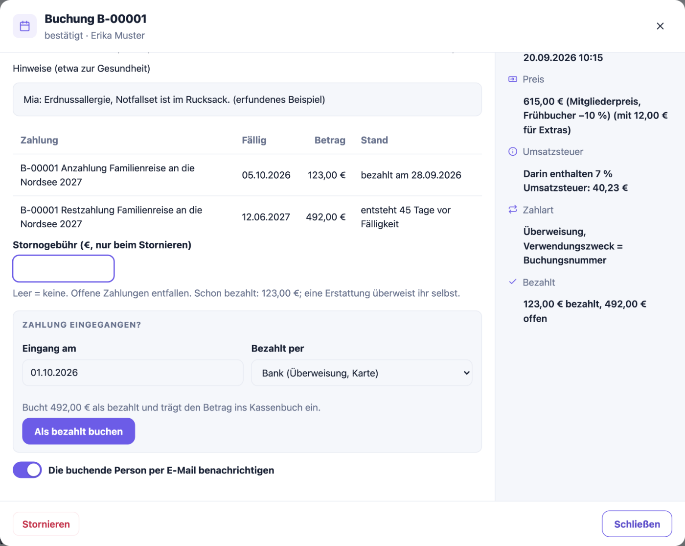 Weiter unten im Fenster: Anzahlung bezahlt, Restzahlung offen, Stornogebühr und der Kasten Zahlung eingegangen mit Eingangsdatum, Bezahlt per und Als bezahlt buchen
