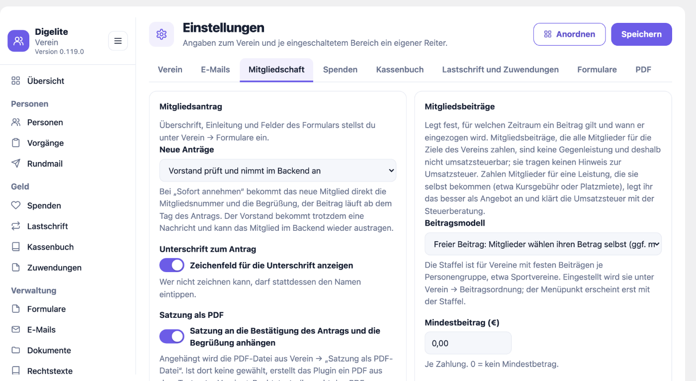 Die Einstellungen mit Reitern und dem Knopf Anordnen