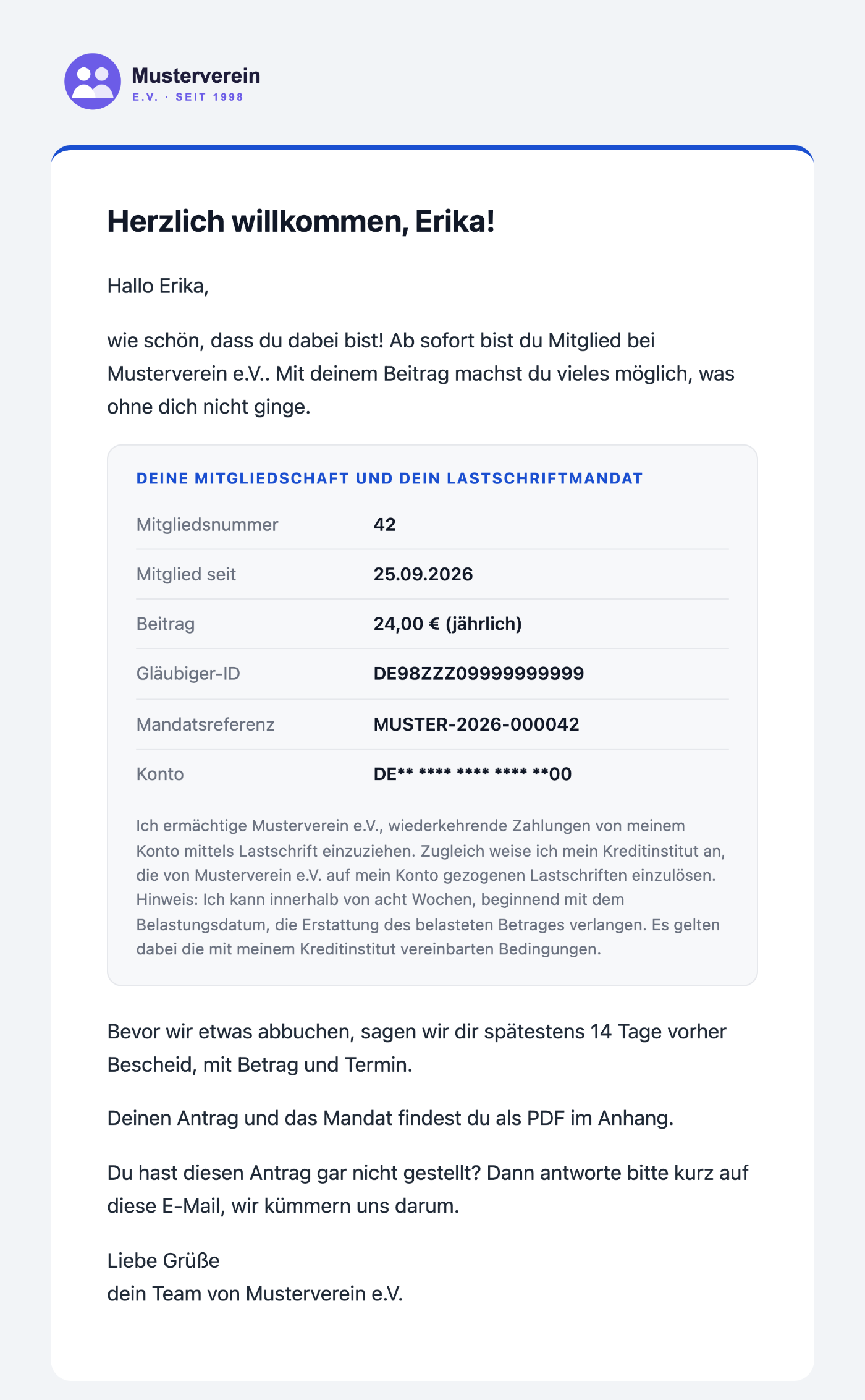 Willkommensmail an ein neues Mitglied