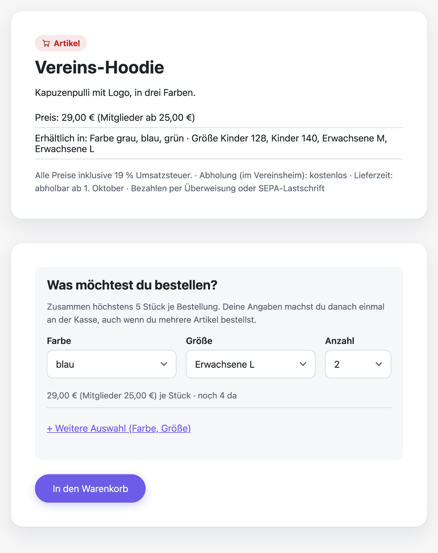 Der Vereins-Hoodie auf der Website: Farbe blau, Größe Erwachsene L, Anzahl 2, darunter Preis und Restbestand, Weitere Auswahl und In den Warenkorb