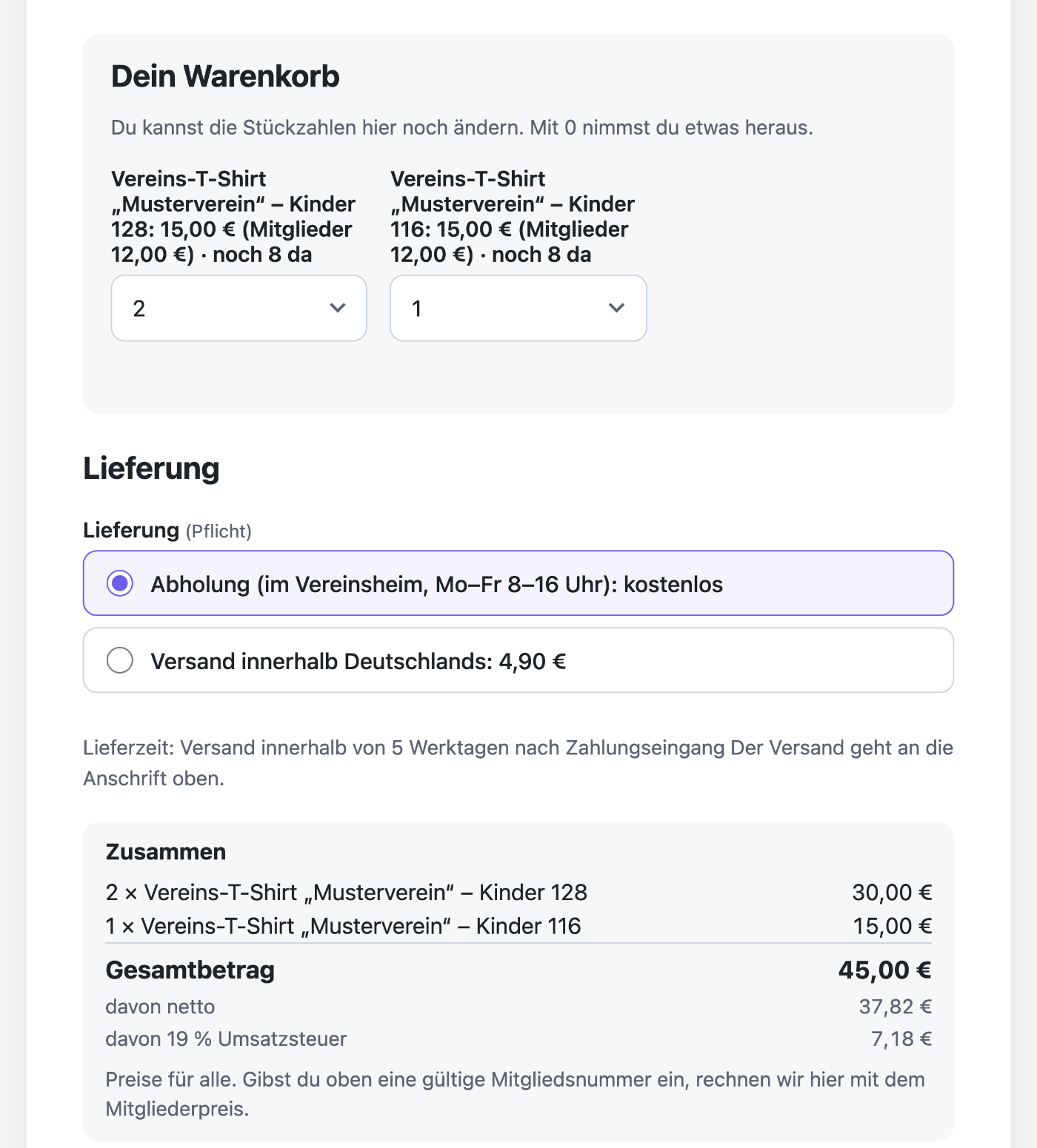 Die Kasse mit dem Warenkorb, Lieferung Abholung oder Versand und der Aufstellung Zusammen mit Gesamtbetrag, netto und Umsatzsteuer