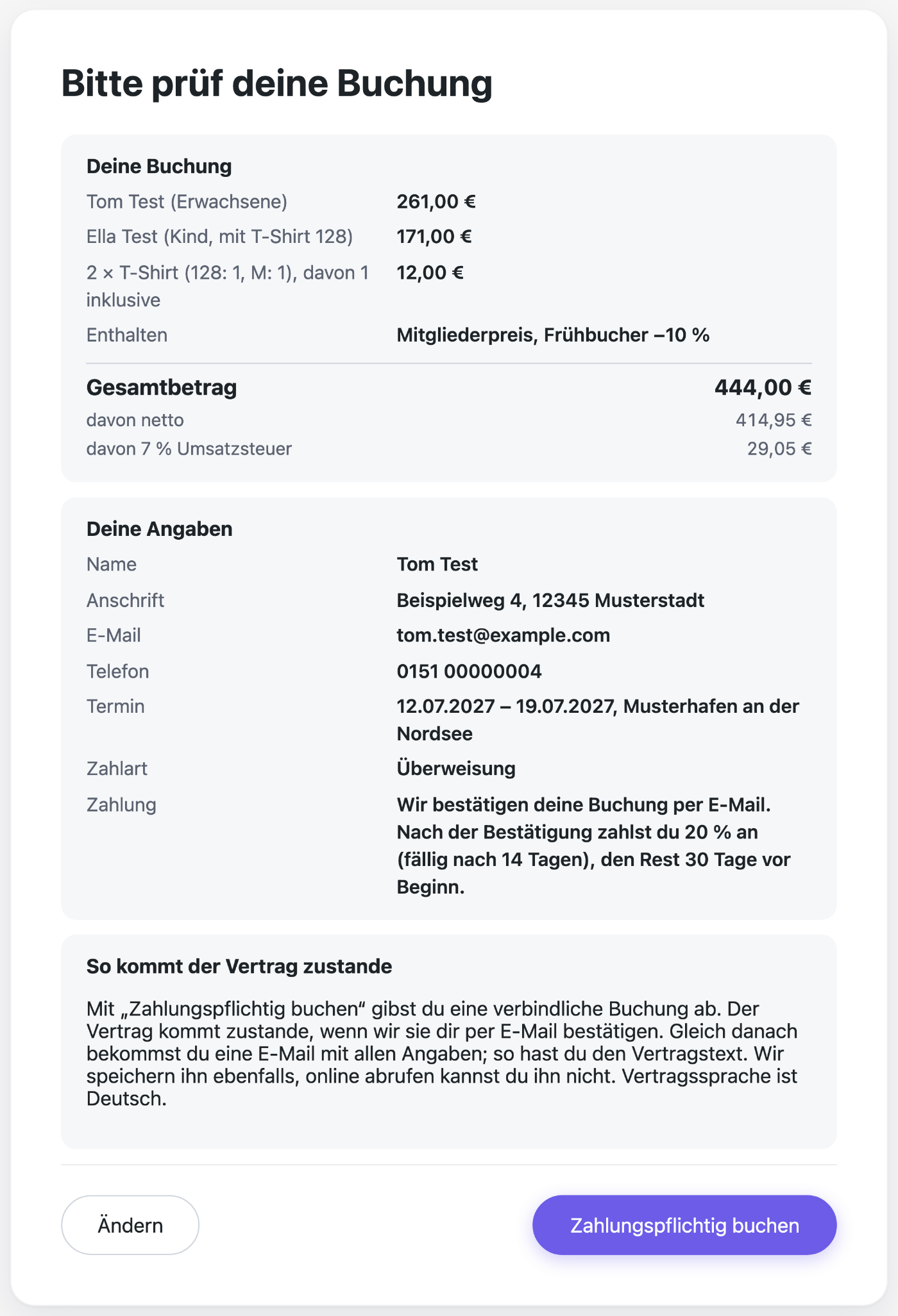 Bitte prüf deine Buchung: Positionen mit Preisen, Gesamtbetrag mit Umsatzsteuer, Angaben, So kommt der Vertrag zustande und Knopf Zahlungspflichtig buchen
