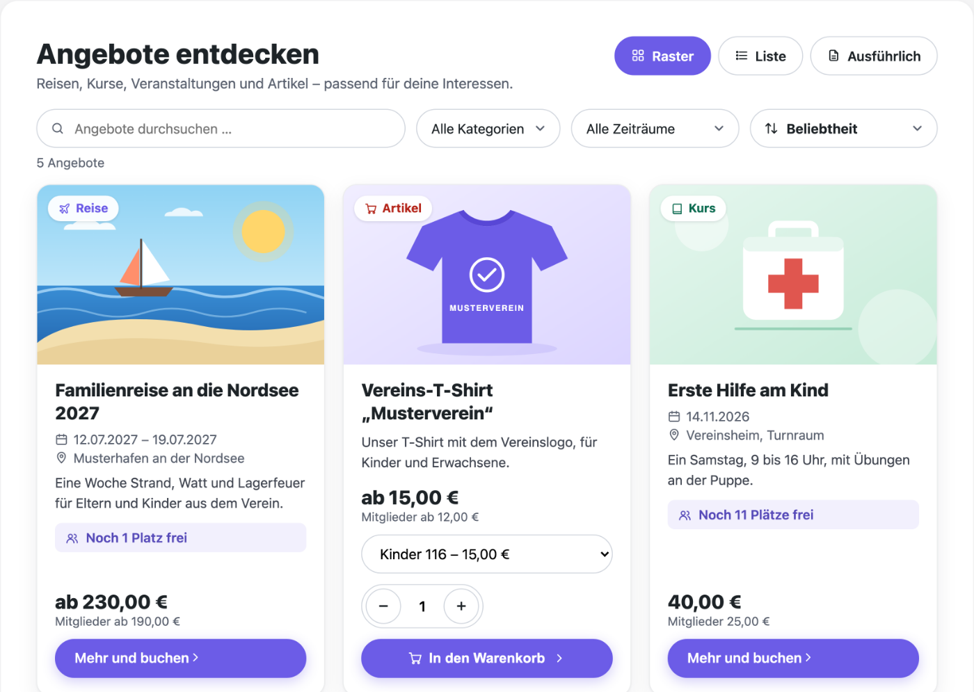 Die Angebotsliste auf der Website als Raster mit Kacheln für eine Familienreise, ein Vereins-T-Shirt und einen Erste-Hilfe-Kurs